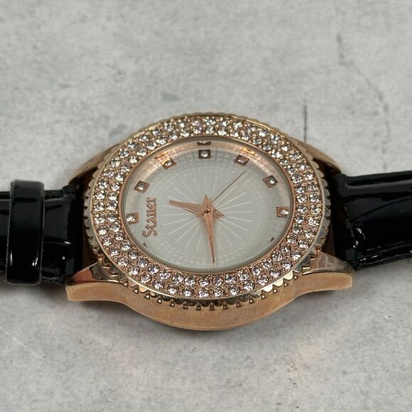 Stauer Watch Womens 38mm Pave Crystal Bezel Gold Tone Black Band New Battery main image 10